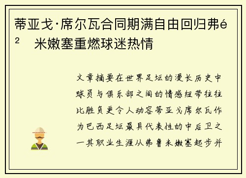 蒂亚戈·席尔瓦合同期满自由回归弗鲁米嫩塞重燃球迷热情